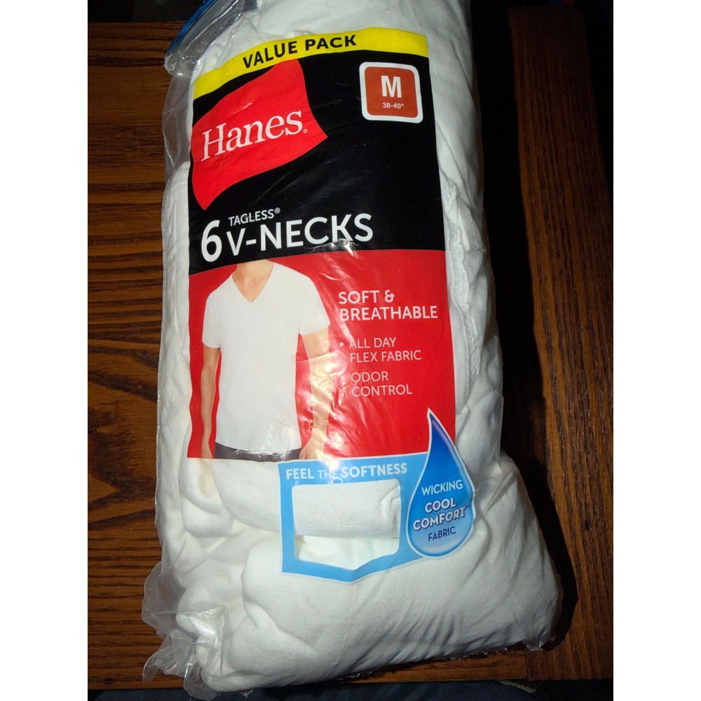 Hanes Mens 6 Pack Tagless V-Neck Undershirts White M 38-40 Cool Comfort 0423LA
